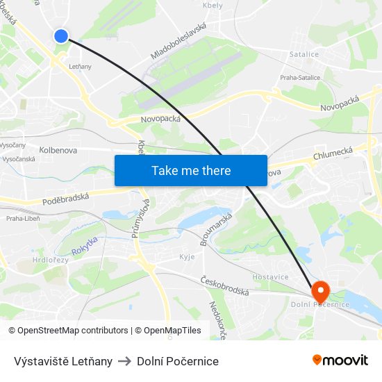 Výstaviště Letňany to Dolní Počernice map