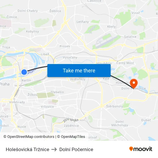 Holešovická Tržnice to Dolní Počernice map
