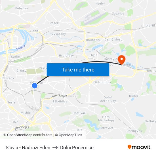 Slavia - Nádraží Eden (B) to Dolní Počernice map