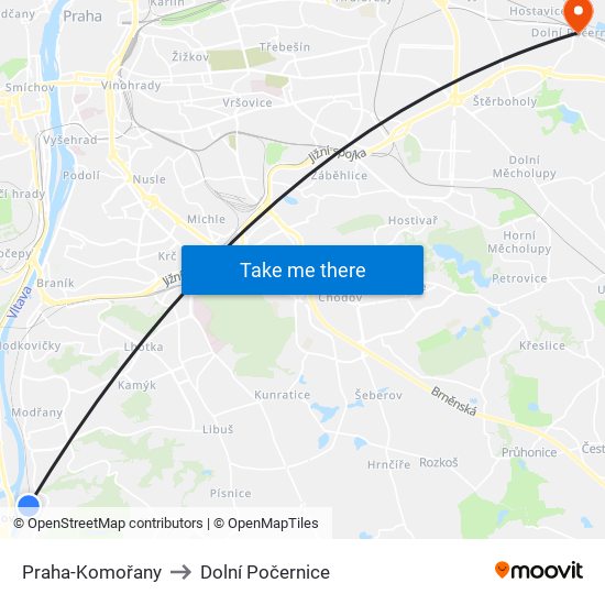 Praha-Komořany to Dolní Počernice map