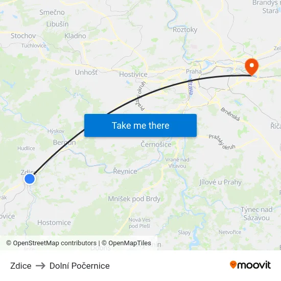 Zdice to Dolní Počernice map