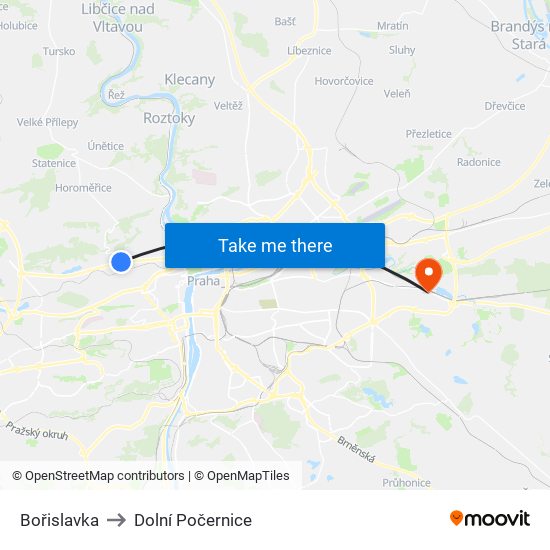 Bořislavka to Dolní Počernice map