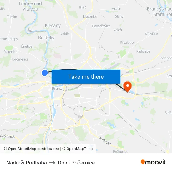 Nádraží Podbaba to Dolní Počernice map
