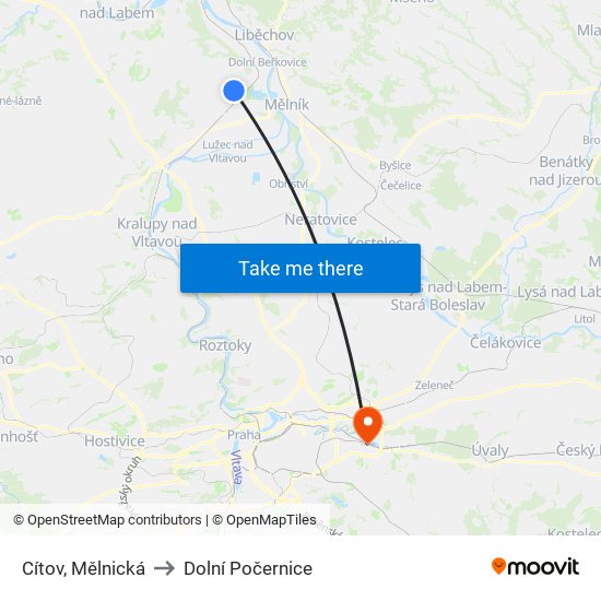 Cítov, Mělnická to Dolní Počernice map