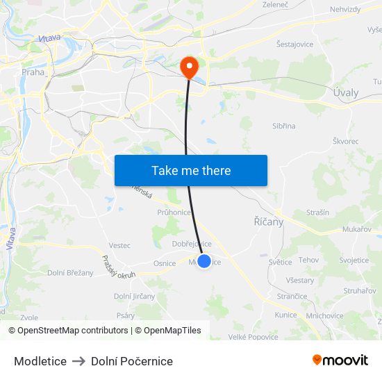 Modletice to Dolní Počernice map