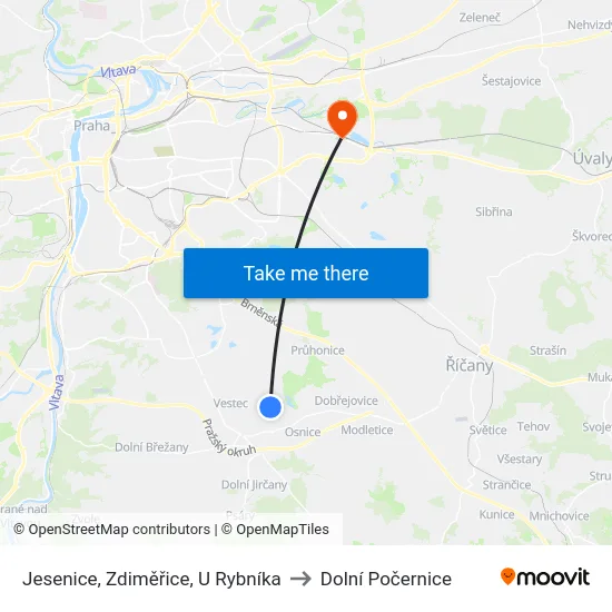 Jesenice, Zdiměřice, U Rybníka to Dolní Počernice map