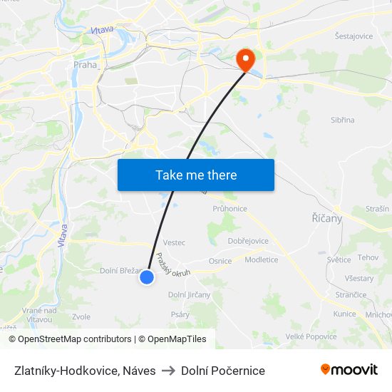 Zlatníky-Hodkovice, Náves (A) to Dolní Počernice map