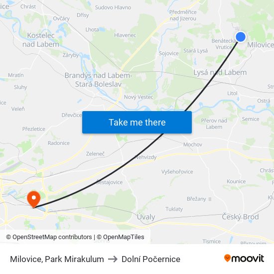 Milovice, Park Mirakulum to Dolní Počernice map