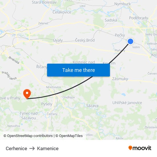 Cerhenice to Kamenice map