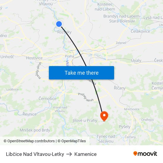 Libčice Nad Vltavou-Letky to Kamenice map