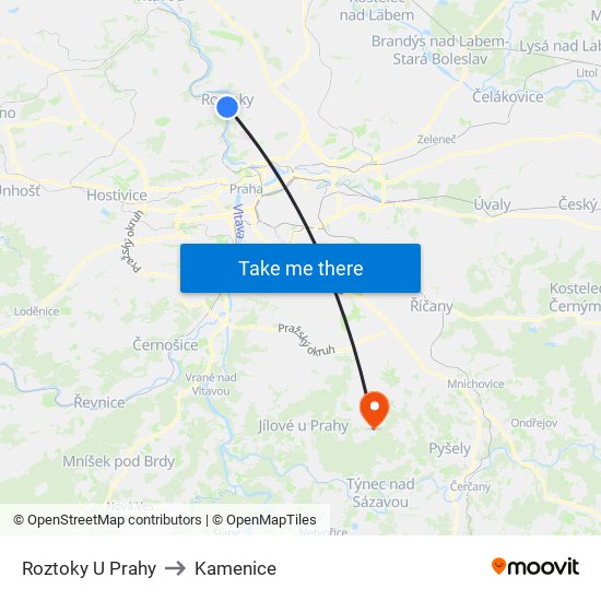 Roztoky U Prahy to Kamenice map