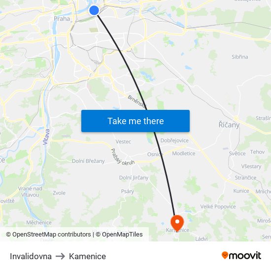 Invalidovna to Kamenice map