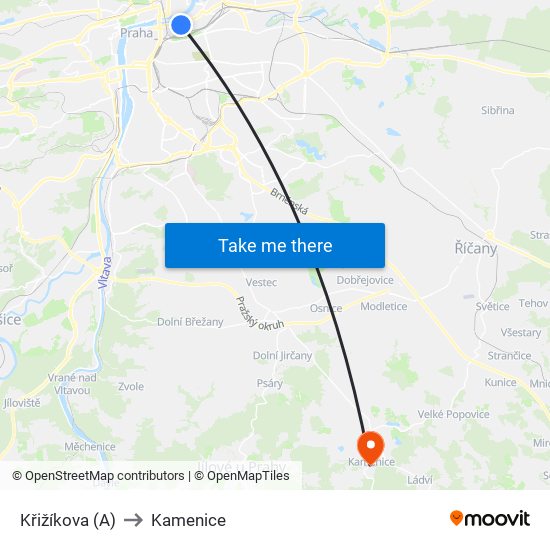 Křižíkova (A) to Kamenice map