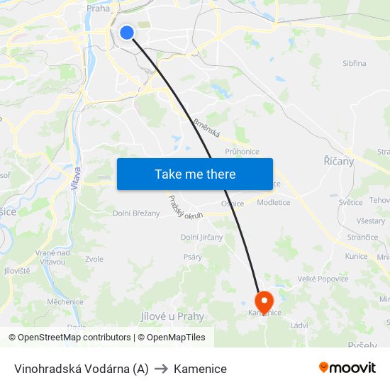 Vinohradská Vodárna (A) to Kamenice map