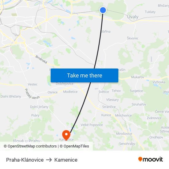 Praha-Klánovice to Kamenice map