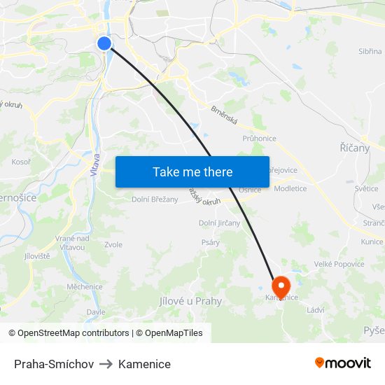 Praha-Smíchov to Kamenice map