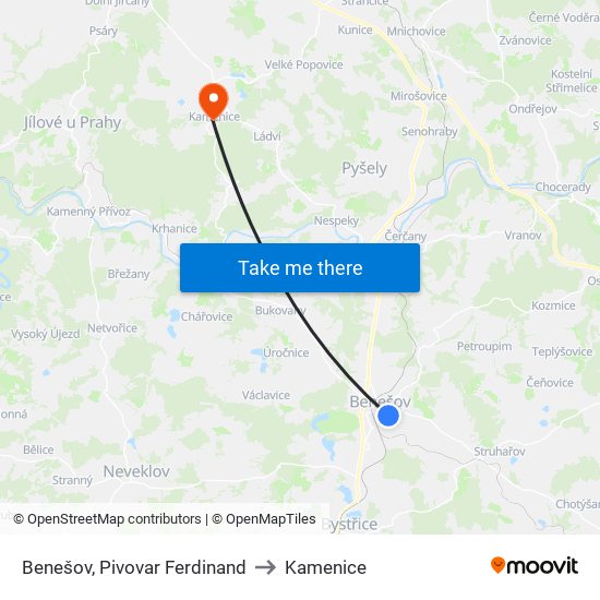 Benešov, Pivovar Ferdinand to Kamenice map