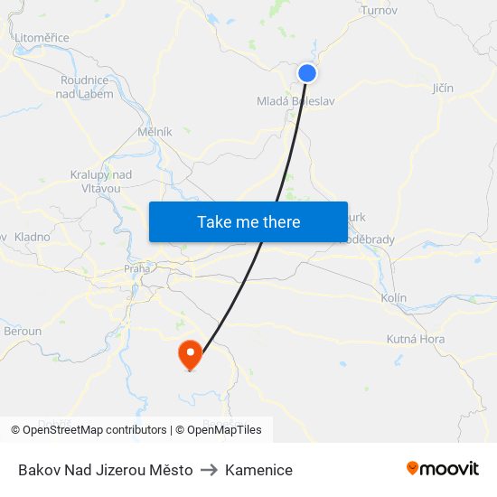 Bakov Nad Jizerou Město to Kamenice map