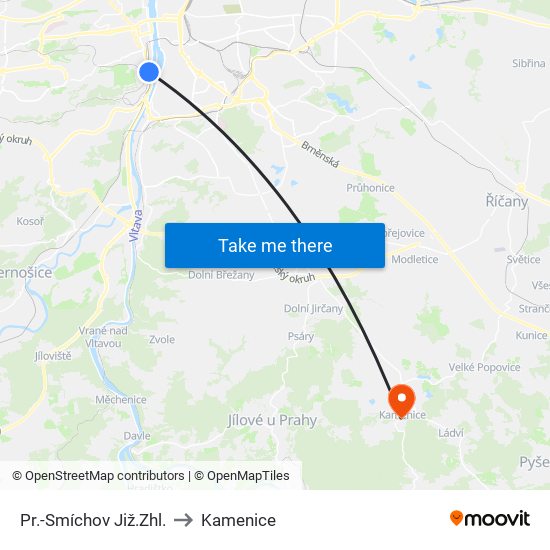 Pr.-Smíchov Již.Zhl. to Kamenice map