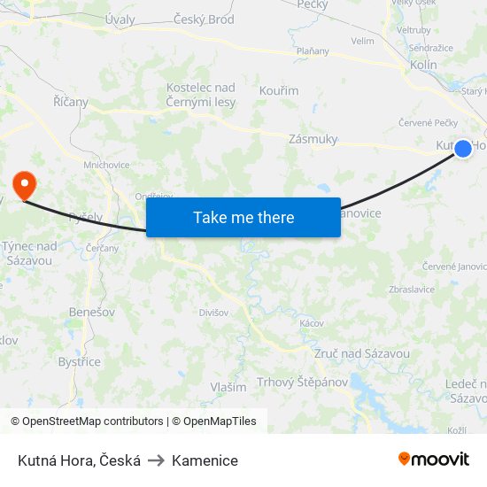 Kutná Hora, Česká to Kamenice map