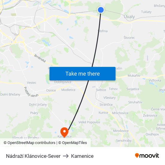 Nádraží Klánovice-Sever to Kamenice map