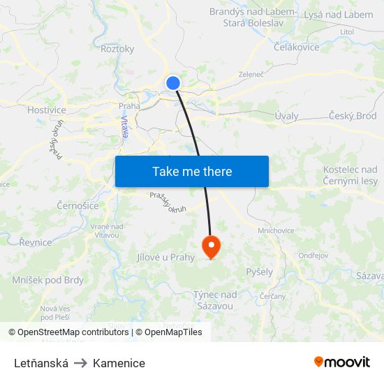 Letňanská to Kamenice map