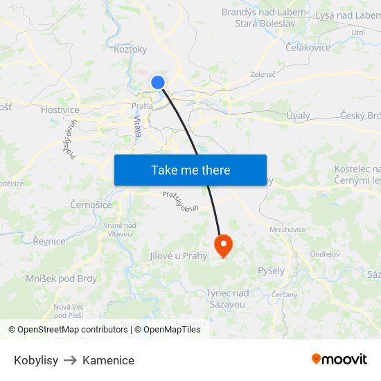 Kobylisy to Kamenice map