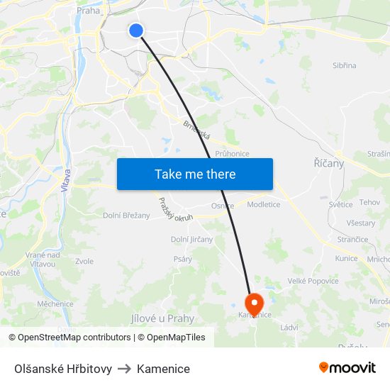 Olšanské Hřbitovy to Kamenice map