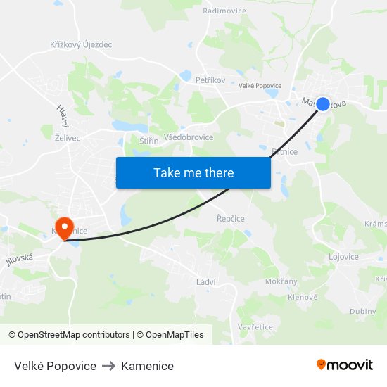 Velké Popovice to Kamenice map