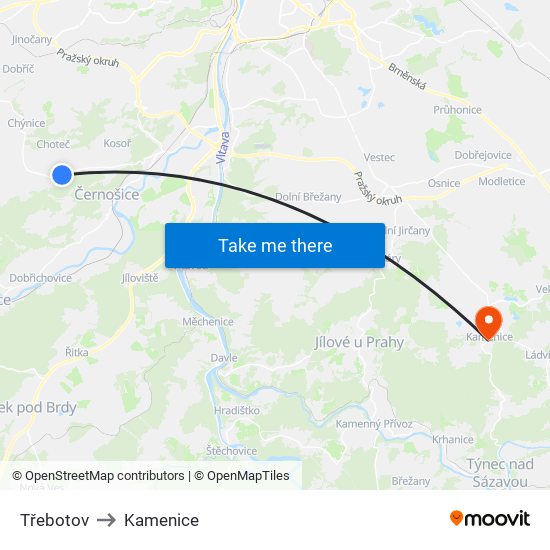 Třebotov to Kamenice map