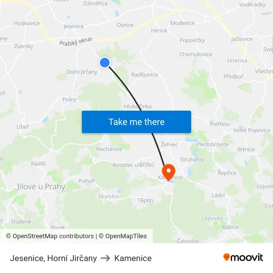 Jesenice, Horní Jirčany to Kamenice map