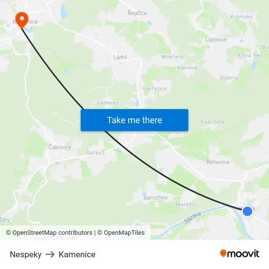 Nespeky to Kamenice map