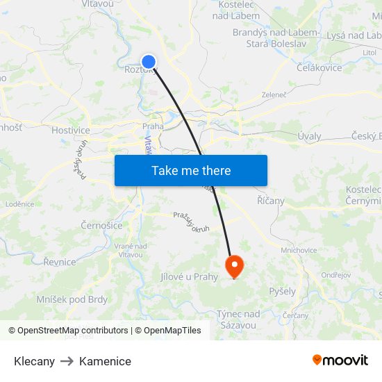 Klecany (B) to Kamenice map