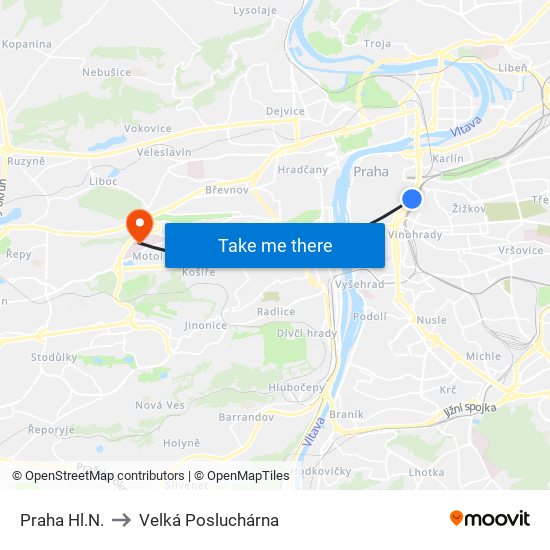 Praha Hl.N. to Velká Posluchárna map