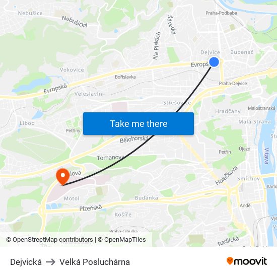 Dejvická to Velká Posluchárna map