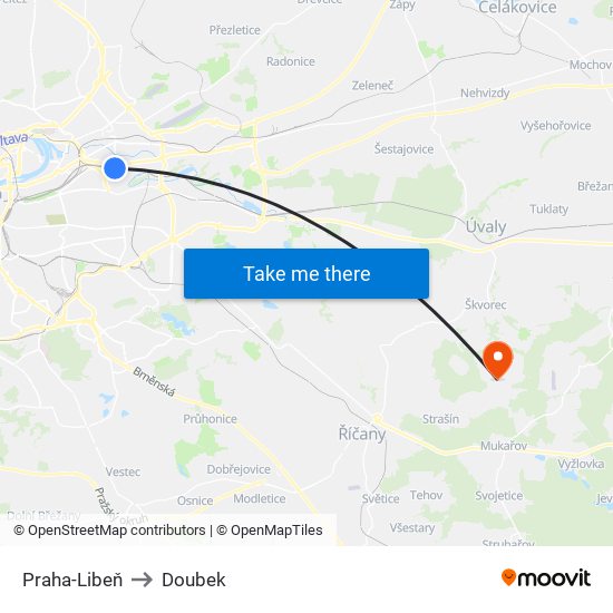 Praha-Libeň to Doubek map