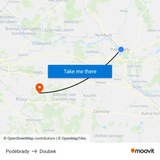 Poděbrady to Doubek map