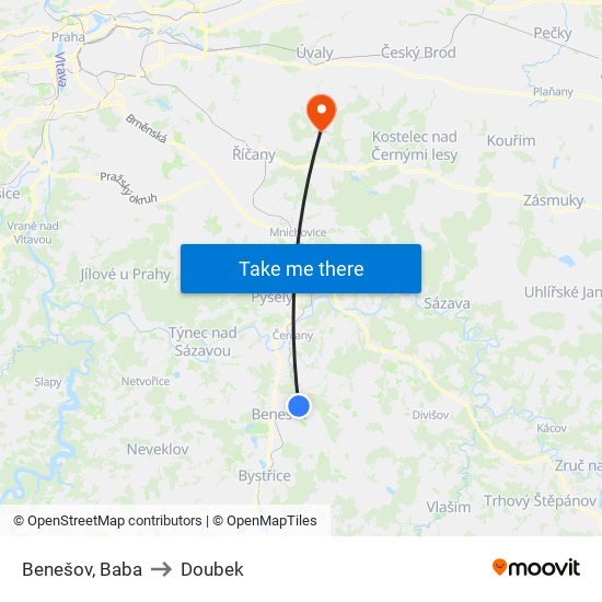 Benešov, Baba to Doubek map