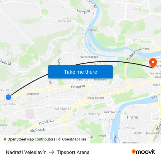 Nádraží Veleslavín to Tipsport Arena map