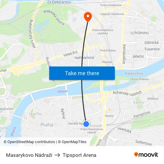Masarykovo Nádraží to Tipsport Arena map