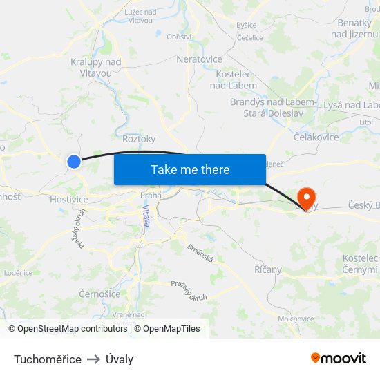 Tuchoměřice to Úvaly map