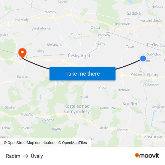 Radim to Úvaly map