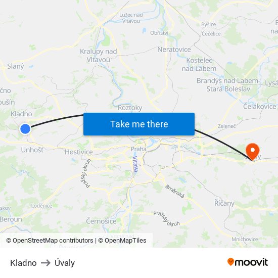 Kladno to Úvaly map