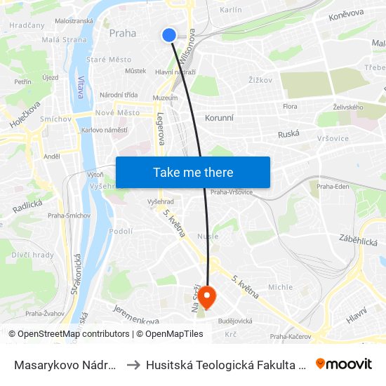 Masarykovo Nádraží to Husitská Teologická Fakulta Uk map