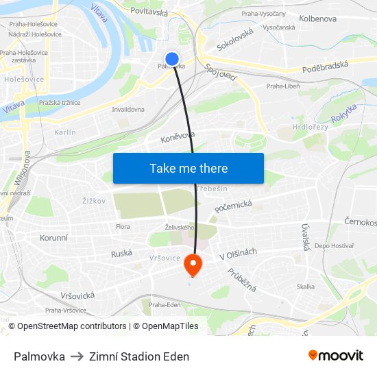 Palmovka to Zimní Stadion Eden map