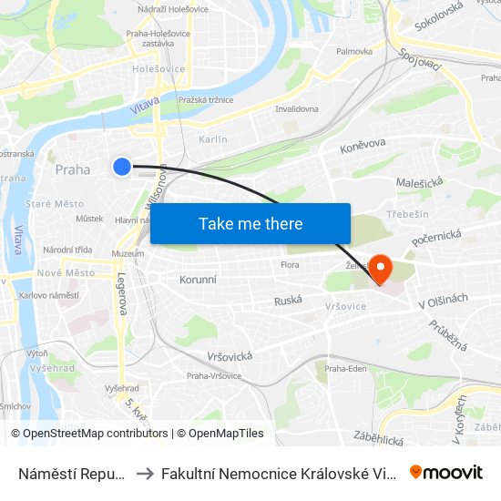 Náměstí Republiky to Fakultní Nemocnice Královské Vinohrady map