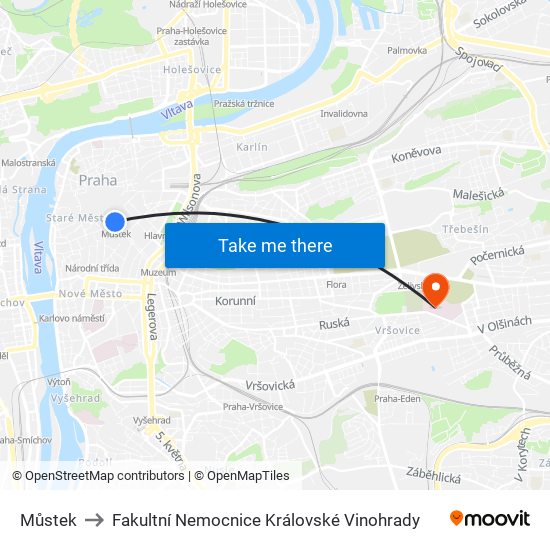 Můstek to Fakultní Nemocnice Královské Vinohrady map