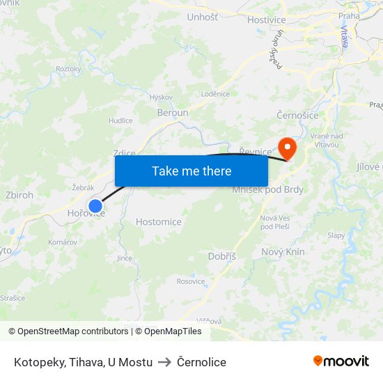 Kotopeky, Tihava, U Mostu (B) to Černolice map