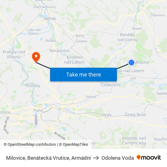 Milovice, Benátecká Vrutice, Armádní to Odolena Voda map