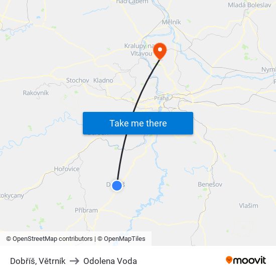 Dobříš, Větrník to Odolena Voda map